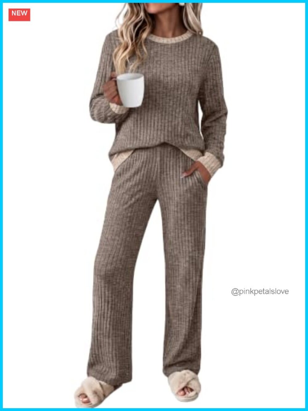 Womens Ribbed Knit Lounge Set Crewneck Top Wide Leg Pants Pockets Travel